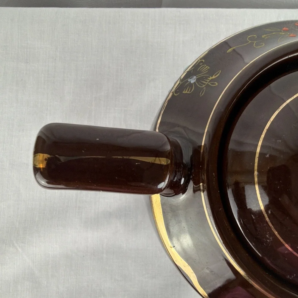 Vintage Brown Betty Redware Teapot Moriage Enamel Hand Painted Japan GUC MCM